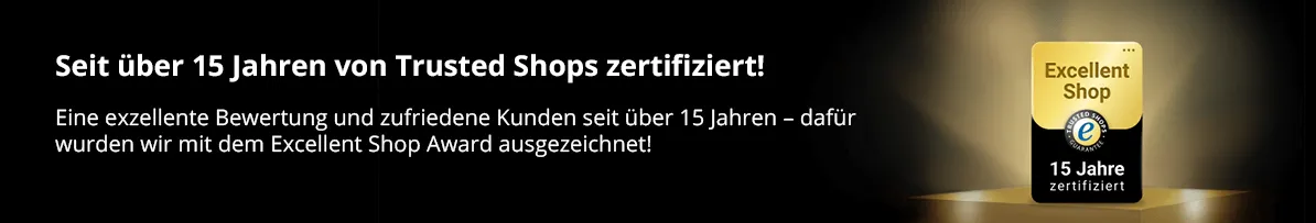 Trusted Shops Auszeichnung für über 15 Jahre exzellente Kundenbewertungen – Siegel zeigt „Excellent Shop“.