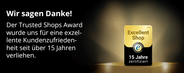 Trusted Shops Auszeichnung für über 15 Jahre exzellente Kundenbewertungen – Siegel zeigt „Excellent Shop“.